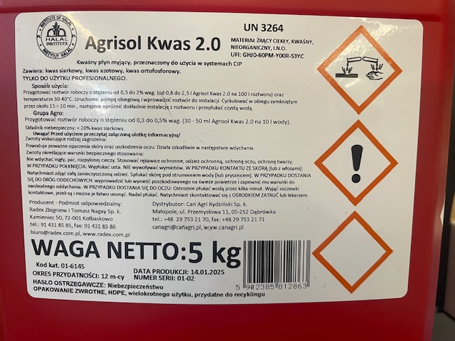 Kwas do mycia dojarek. Kwaśny środek myjący. Agrisol Kwas 5kg - obrazek 4