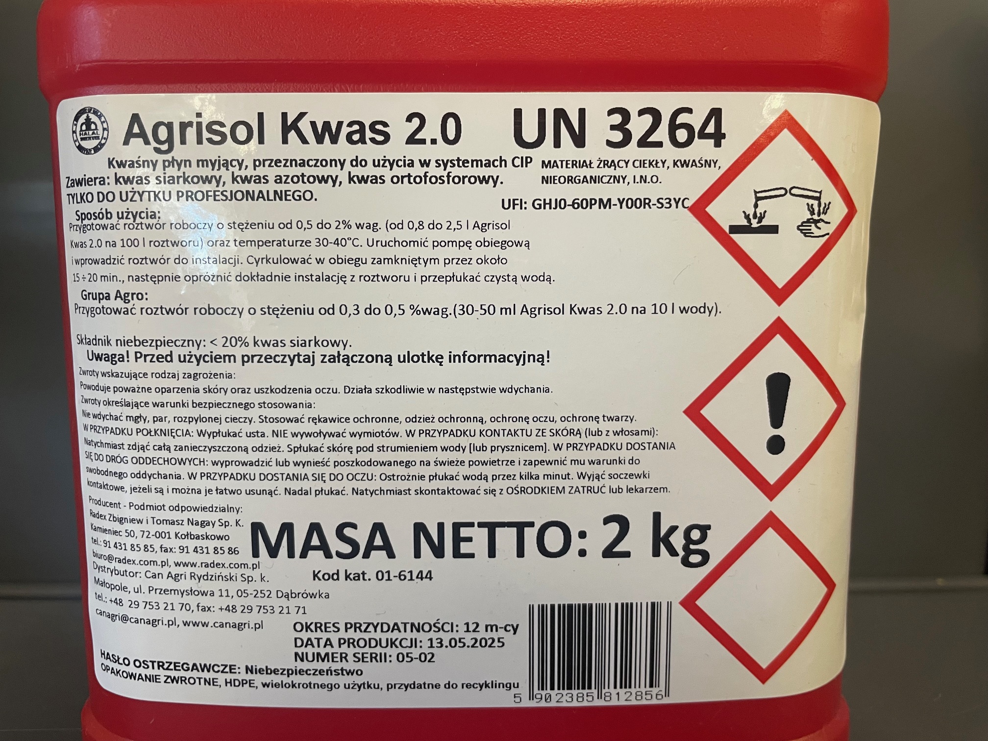 Kwas do mycia dojarek. Kwaśny środek myjący. Agrisol Kwas 2kg - obrazek 4
