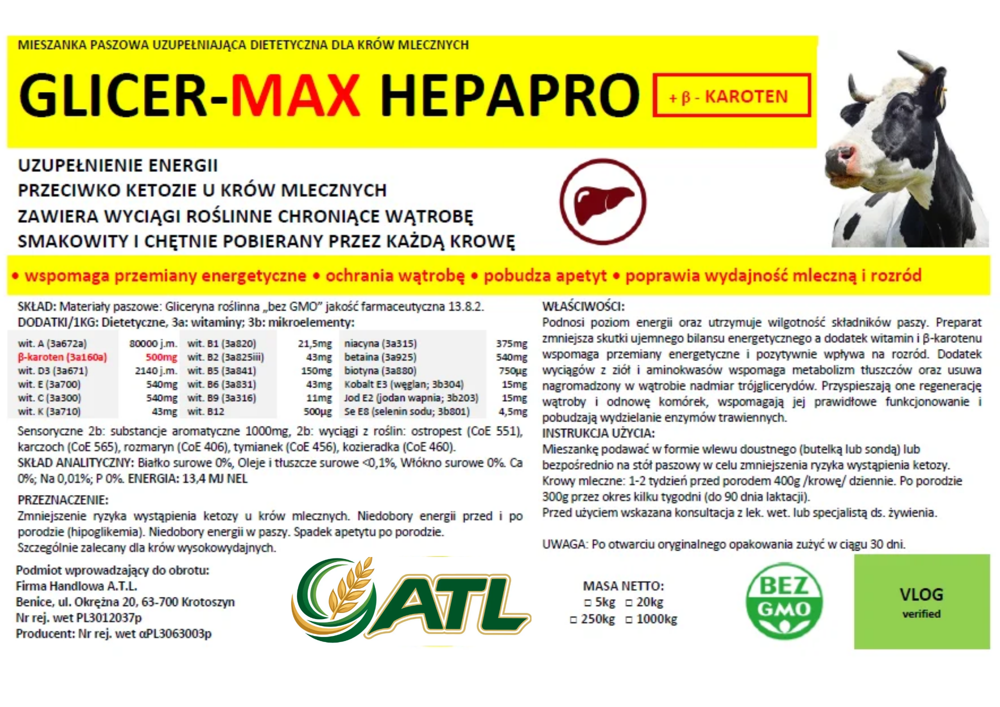 GLICER-MAX HEPAPRO - Gliceryna z beta-karotenem, Energia dla krów 13,4 MJ - obrazek 2