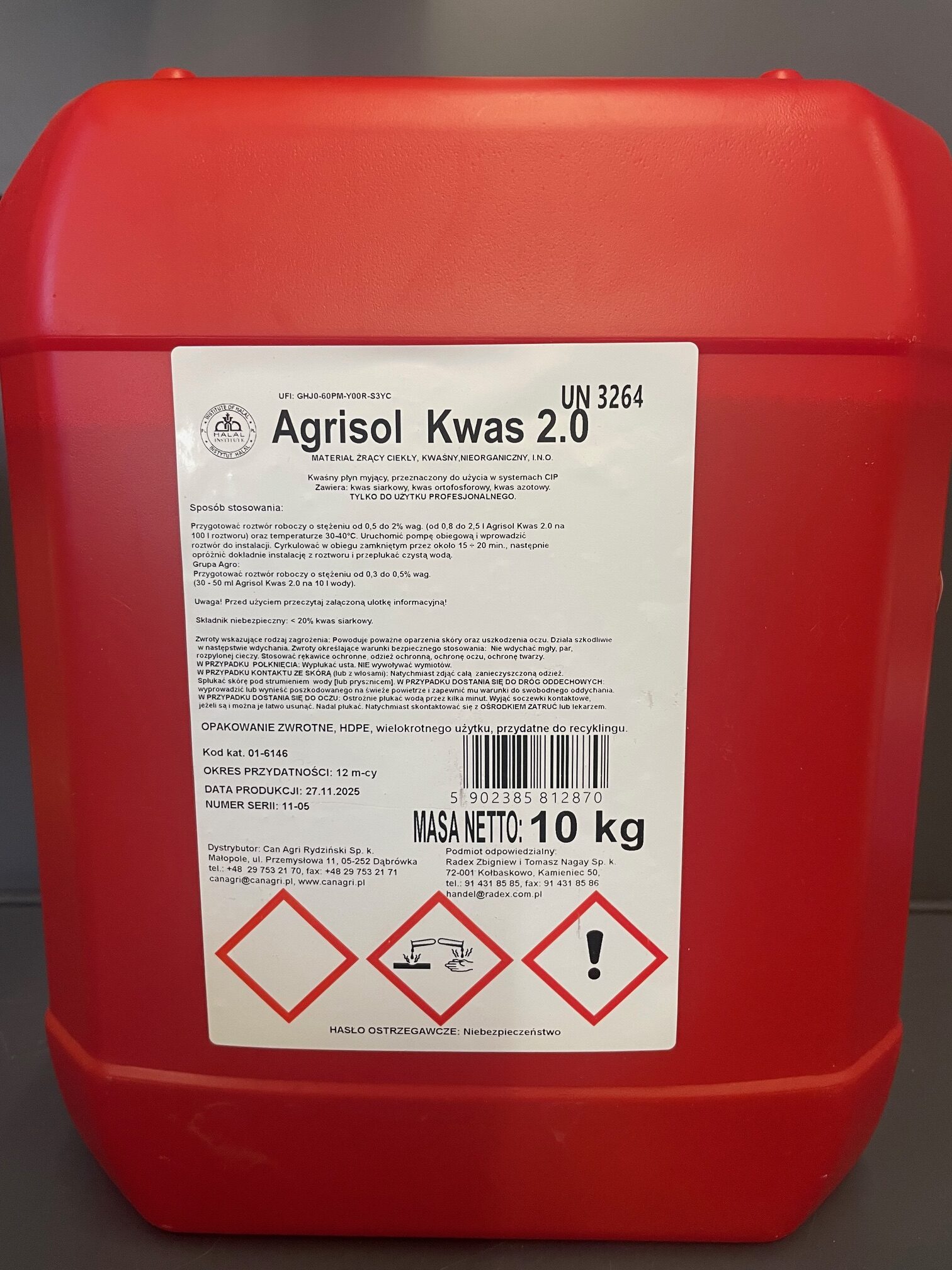 Kwas do mycia dojarek. Kwaśny środek myjący. Agrisol Kwas 10 kg - obrazek 4