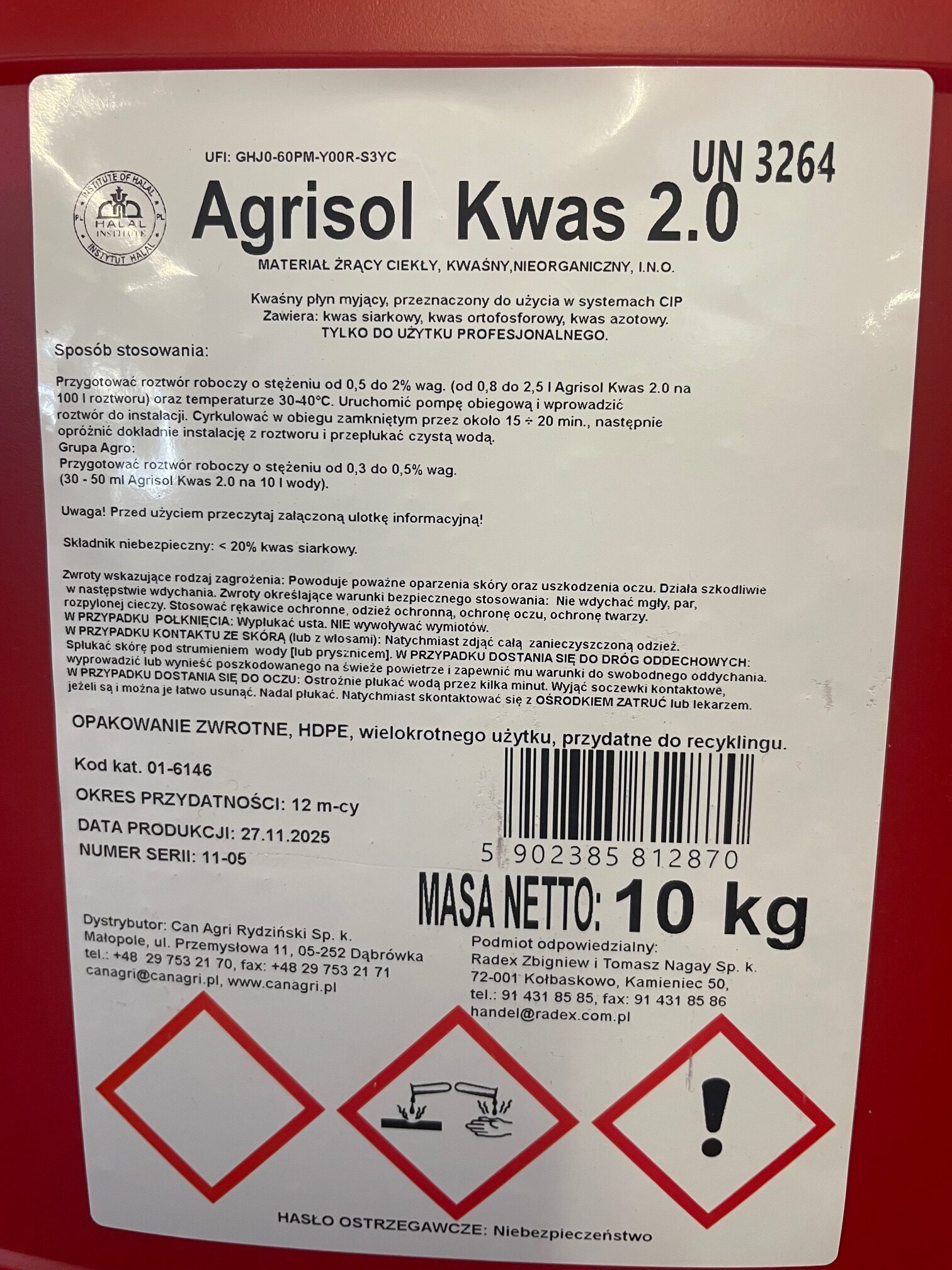 Kwas do mycia dojarek. Kwaśny środek myjący. Agrisol Kwas 10 kg - obrazek 5